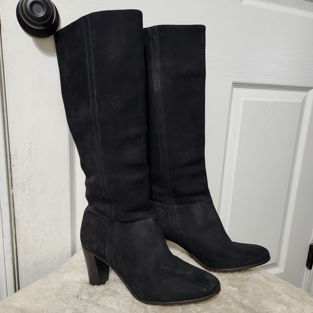 L.L. Bean Black Suede Knee High Heeled Boots for Women, 9